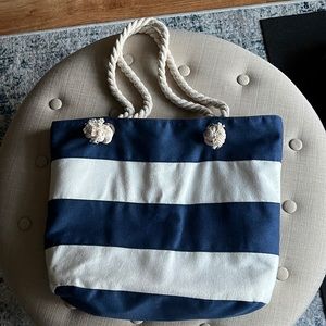 Blue and white striped canvas tote bag